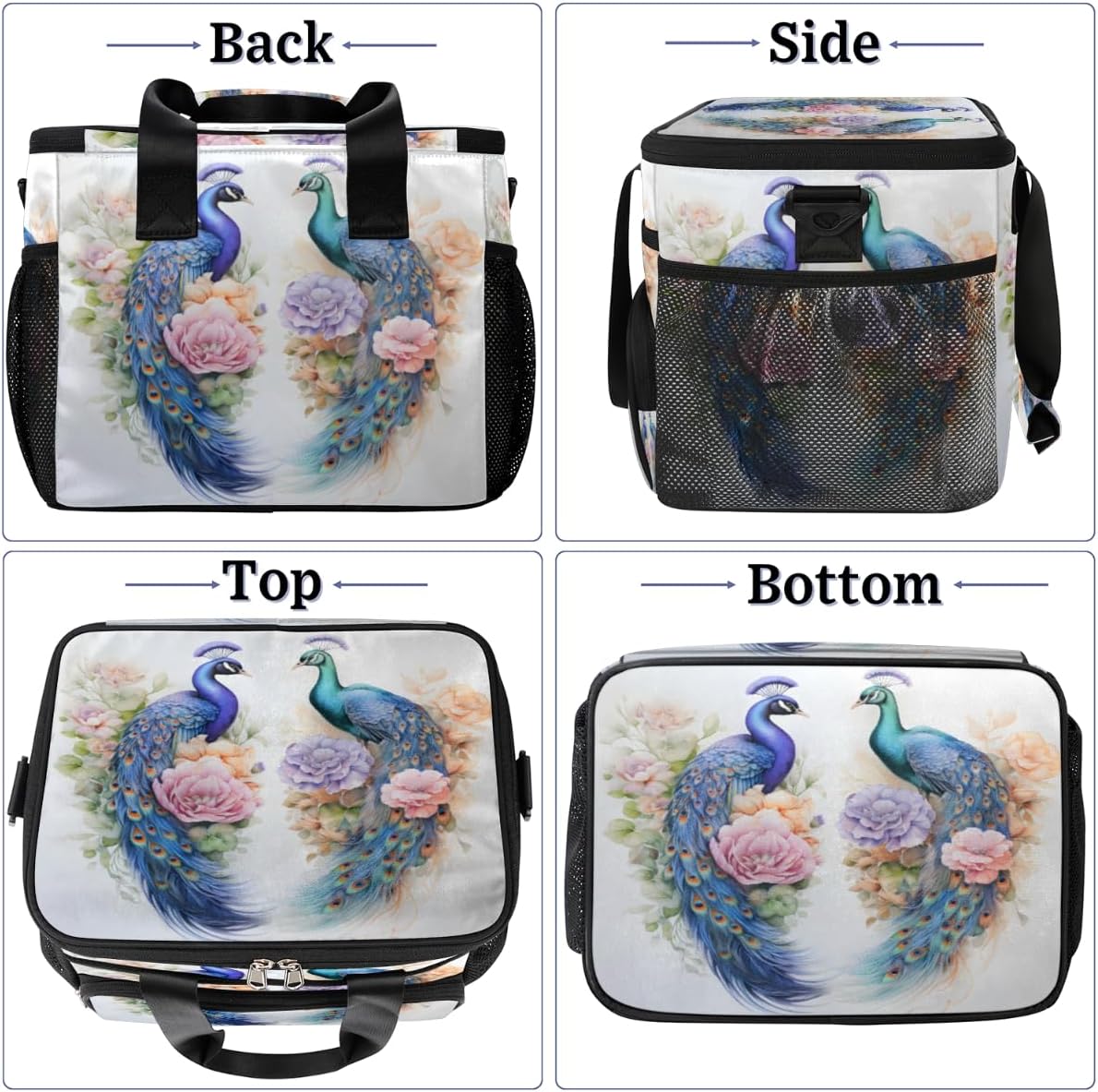 Animal Insulated Picnic Backpack Lunch Box for Women Men Picnic Basket Tote Lunch Bag Picnic Bag Portable Lunch Bags for Picnic, Beach, Work, Trip,Office, Camp Peacock Rose
