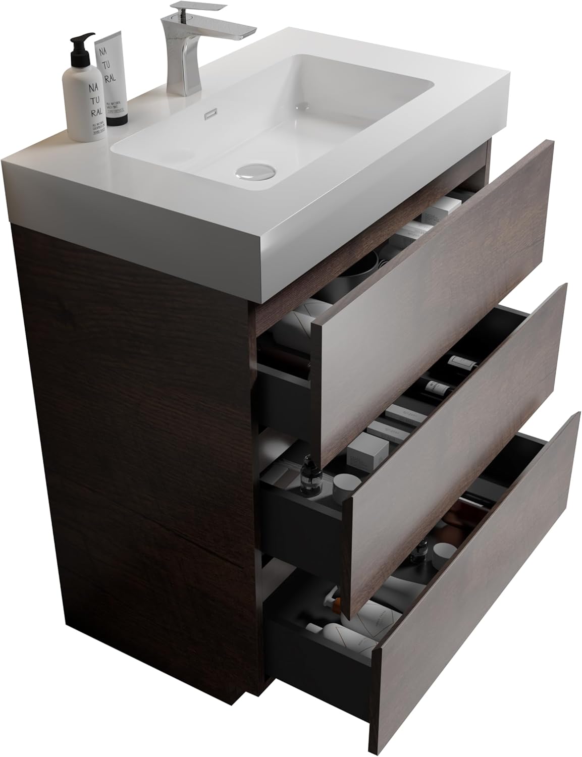 SSLine 30" Floor Stand Bathroom Vanity with Sink Fully Assembled Single Bathroom Vanity Set with White Top Basin & 3 Storage Drawers Classic Rose Wood Vanity Sink Cabinet for Small Space