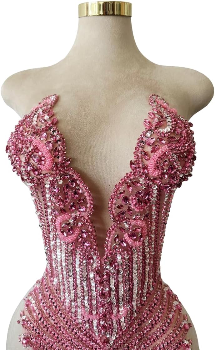 Handmade Stones Beads Bling Bright Crystal Patches Sew on Rhinestones Bodice lace Applique Accessories for Weding Dress Decorations (Pink)