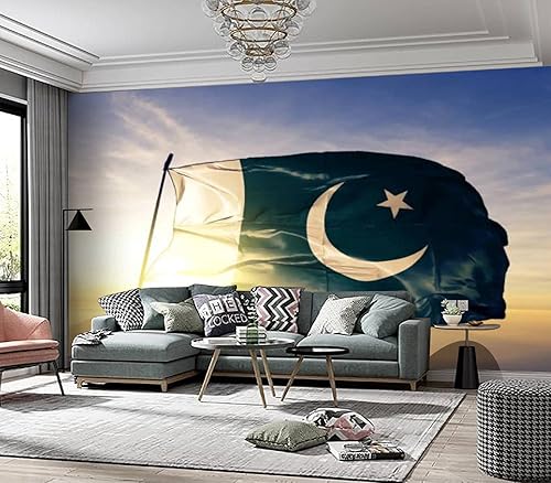 Papel pintado mural adhesivo de la bandera paquistaní paquistaní tela textil de tela ondeando en la parte superior del amanecer autoadhesivo, disponible en Yaxa Peru