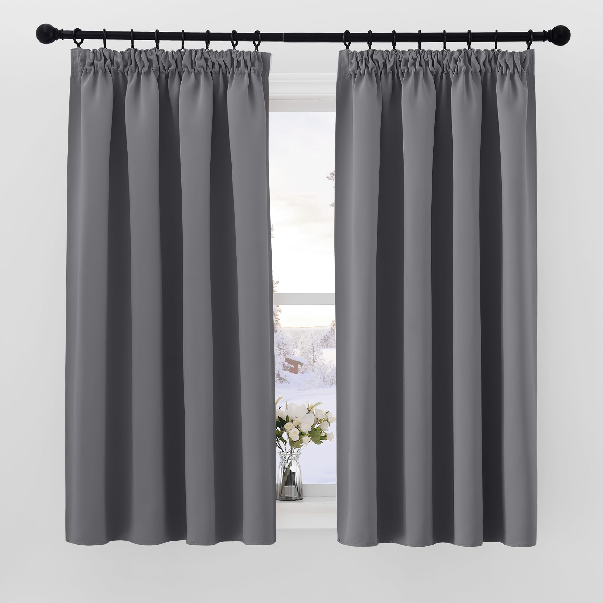 PONY DANCE Cortinas Termicas Aislantes Frio Dormitorio Cortas Cortinas Opacas 2 Piezas Blackout Habitacion para Riel, 140x145 CM, Gris