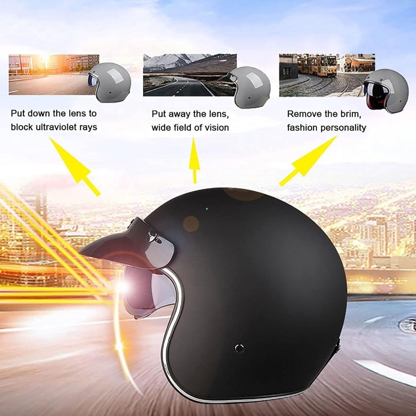 Casque Demi-Jet Moto Rétro ECE Homologué - Casque Mobylette Universel Noir Mat Vintage Pour Scooter Et Vélo Électrique