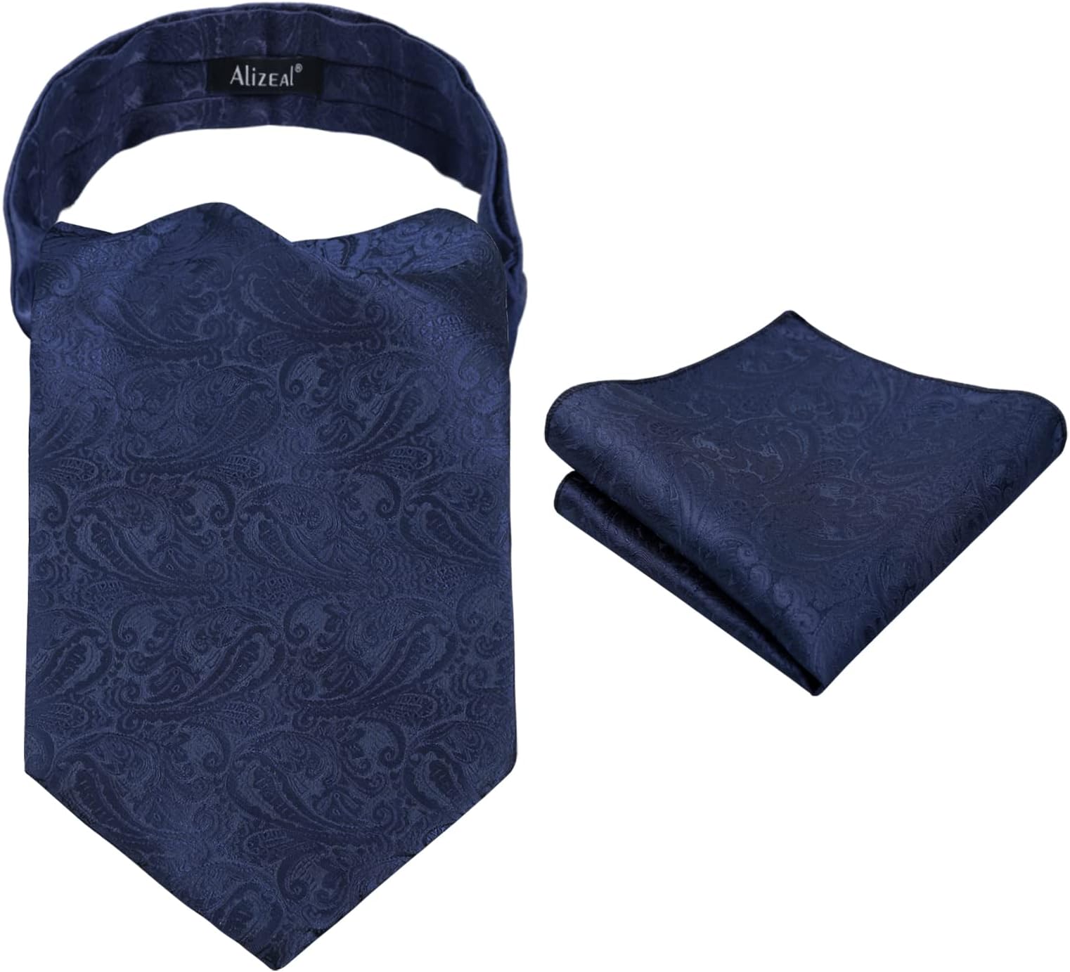Men's Paisley Ascot Tie Cravat Satin Self Tie and Handkerchief Set(Dark Navy)