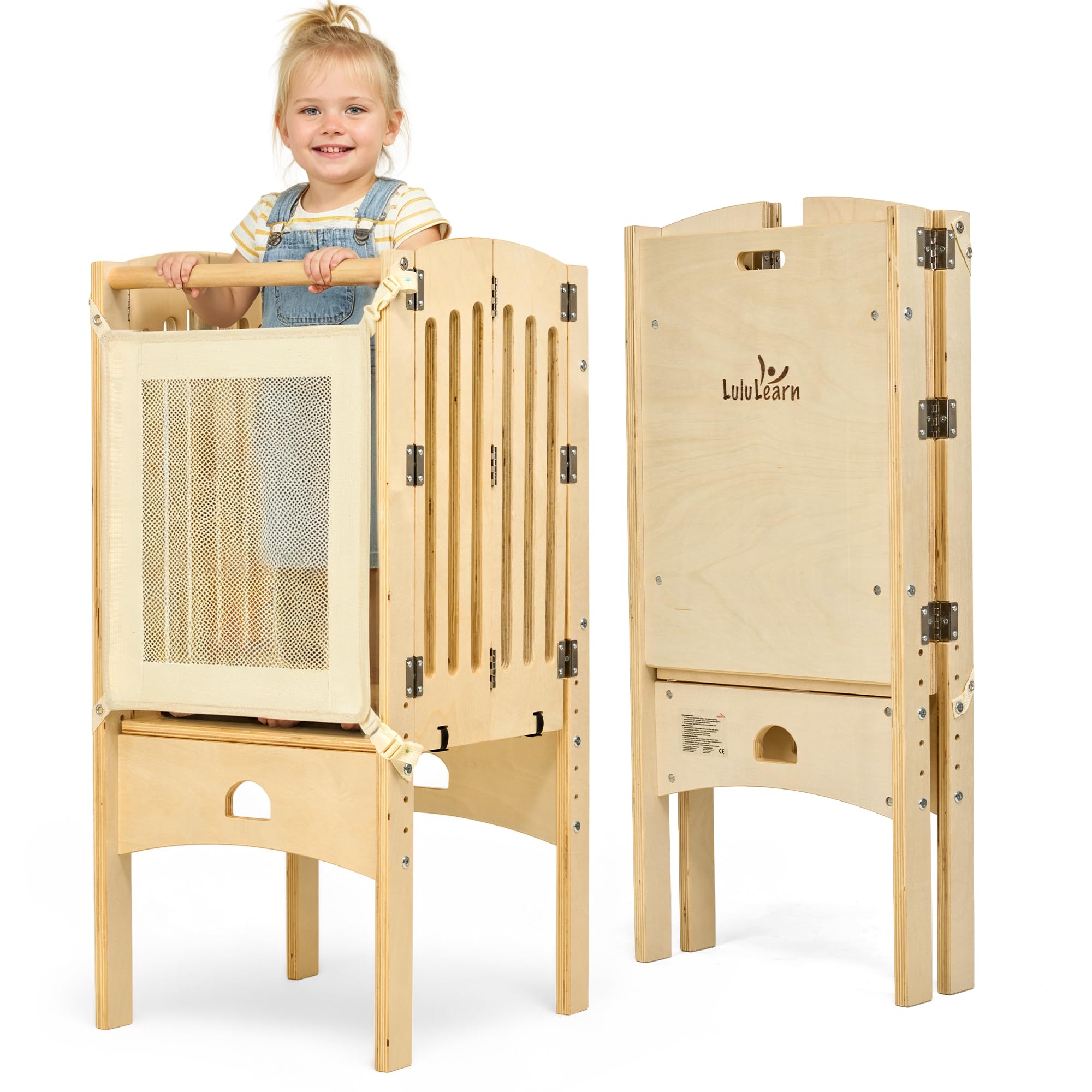 Lululearn® Lernturm ab 1 Jahr [FALTBAR] – Montessori Learning Tower, vormontiert, höhenverstellbar & extra sicher | Platzsparender Tritthocker für Küche & Alltag (Natural)