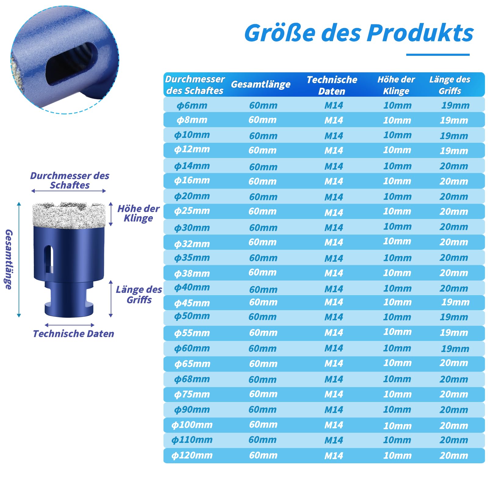 Broca de diamante con 40 mm x M14,Broca para azulejos, gres porcelánico, para cerámica, granito, vidrio, porcelana, amoladora angular