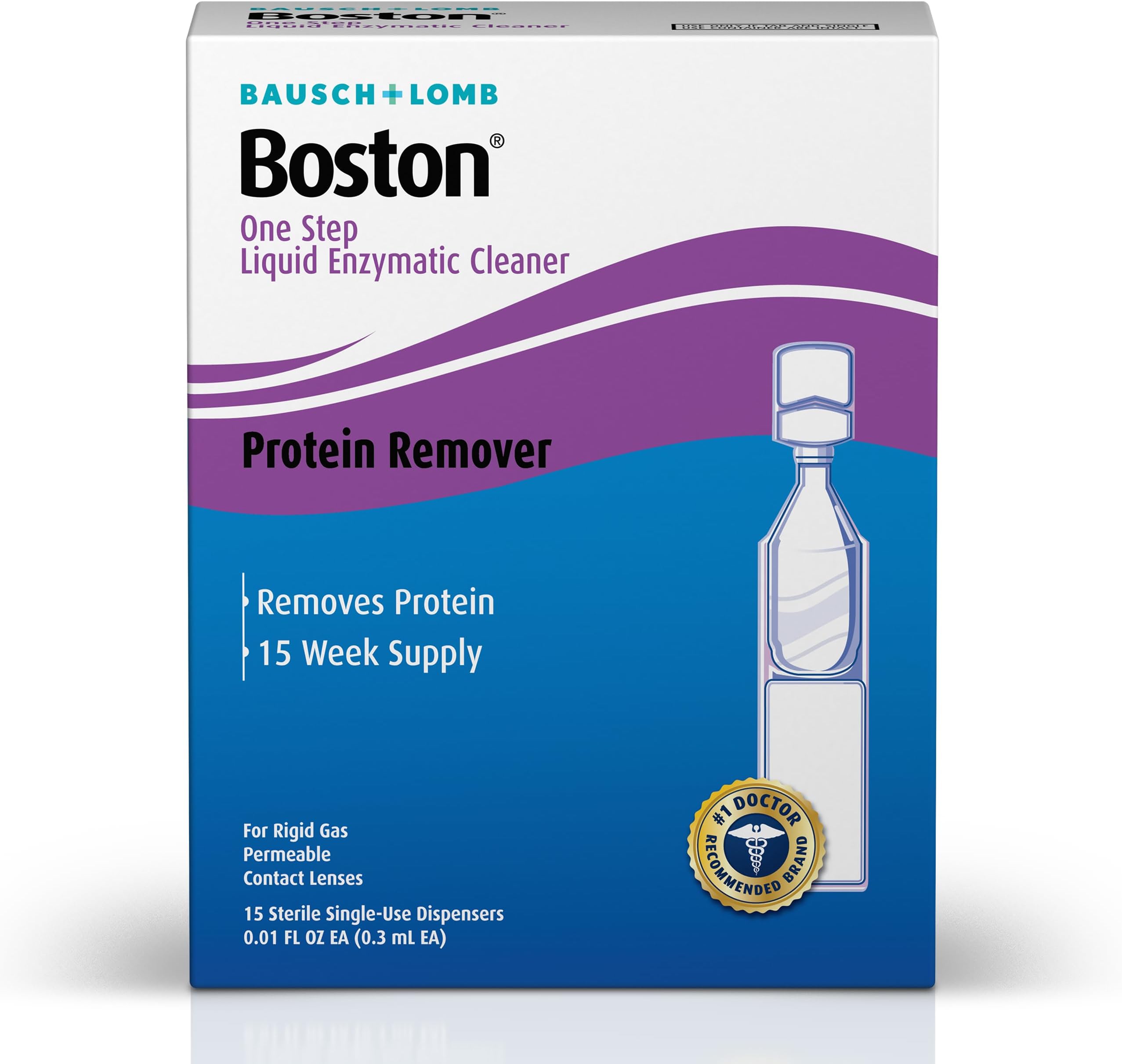 Boston One Step Liquid Enzymatic Cleaner – from Bausch + Lomb, 15 Sterile Single-Use Dispensers (Pack of 2)