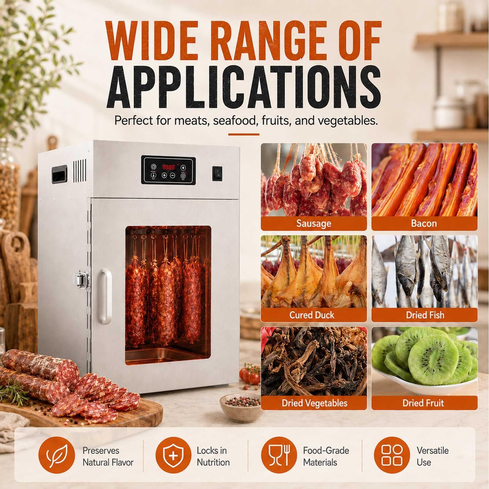 Dry Ager Reifeschrank Für Fleisch Und Wurst, Edelstahl Trockenschrank Für Fleisch Mit Led-Steuerung, 14/30 Haken, 30-90°C, 24h Timer, Biltong Box Für Wurst, Speck, Fisch Und Rindfleisch 15KG