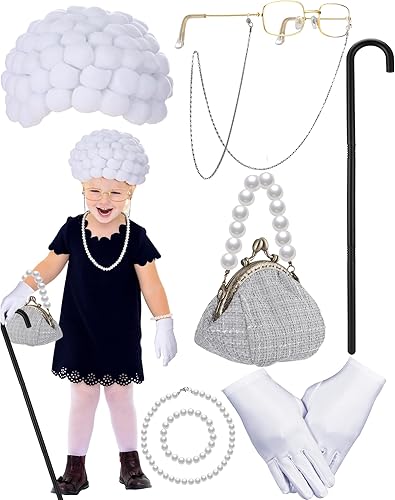 Croknit 8 Pcs Old Lady Costume Set for Kids 100th Day of School Costume for Girls Granny Wig Cosplay