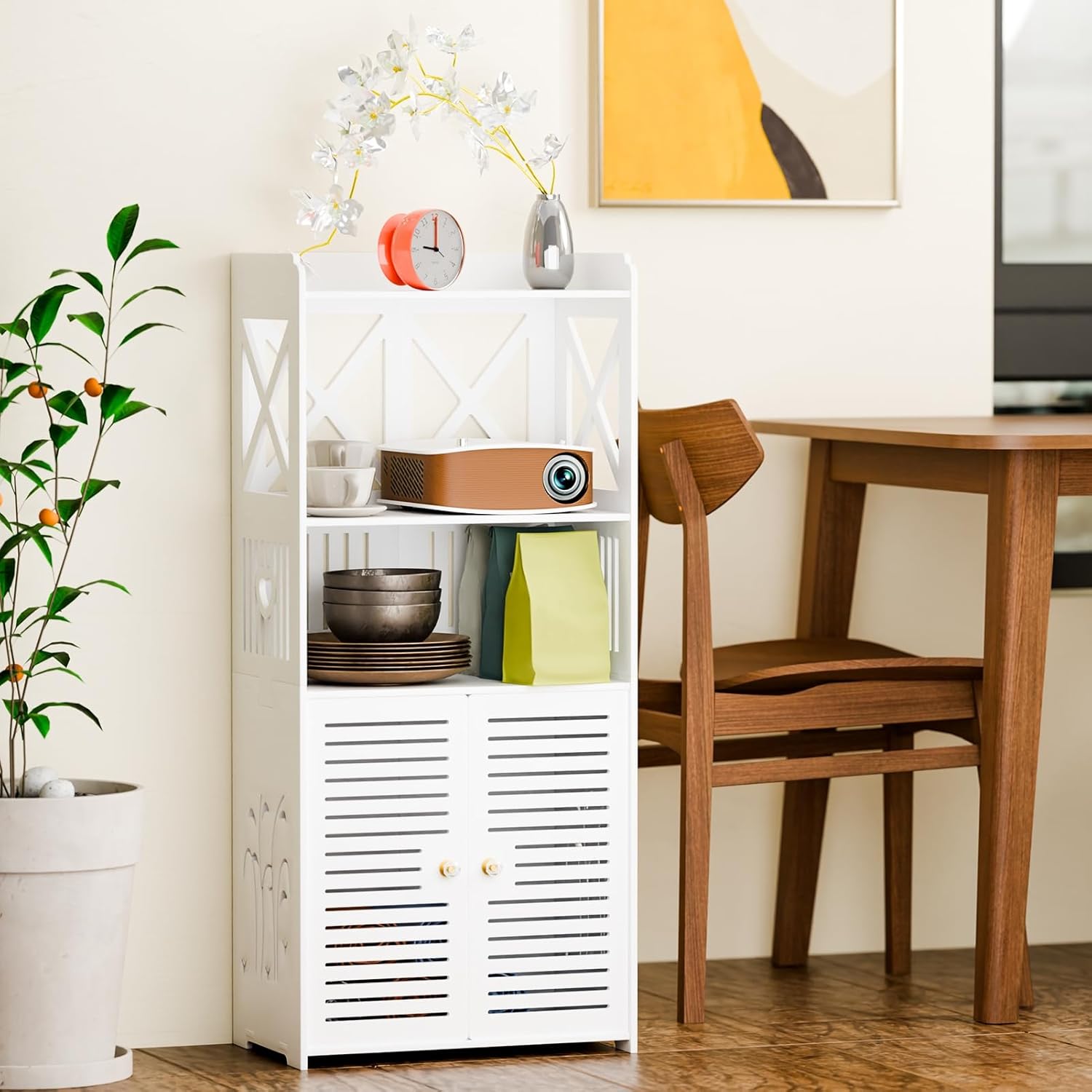 Tall Bathroom Storage Cabinet, Freestanding Storage Cabinet with Open Storage, Wooden Storage Cabinet with Door & Shelves, for Bathroom, Living Room, Kitchen White