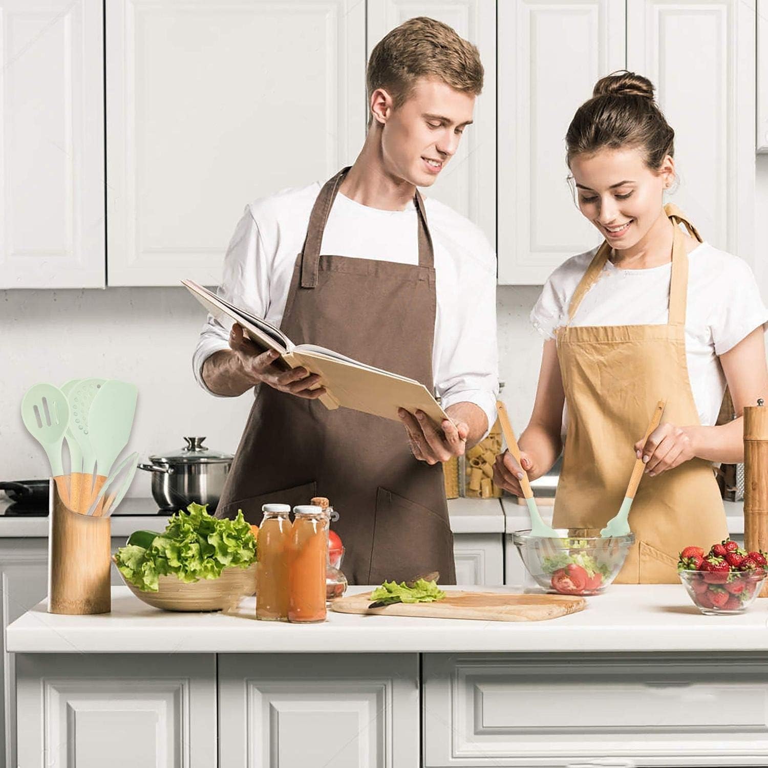 Kitchen Silicone Cooking Utensil Set. 13 BPA Free Non-Stick Silicone Kitchen Utensils with Stand. Heat Resistant Cooking Utensils with Wooden Handles. Mint Set : Home & Kitchen