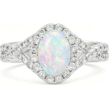 Auldey 925 Sterling Silver Engagement Rings for Women 1.5ct Oval Shaped Halo Opal with Moissanite Engagement Ring October Birthstone Opal Ring For Her Infinity Anniversary Promise Ring