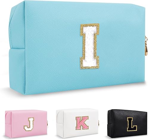Biileen Bolsa de maquillaje preppy inicial personalizada Pequeña bolsa de carta de chenilla de viaje linda, Azul, Moda