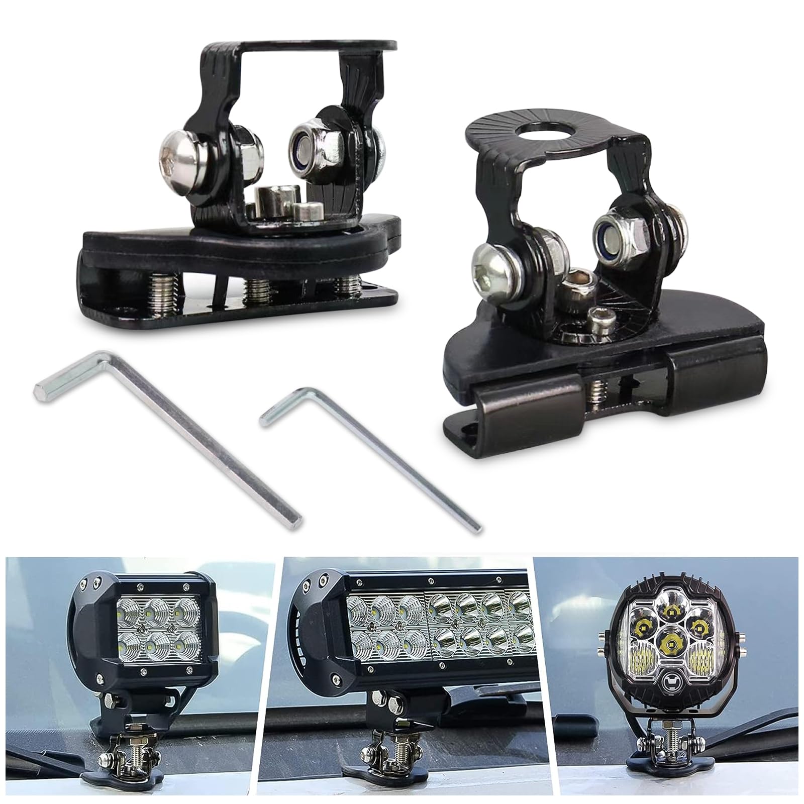 Wisfunlly LED Light Bar Mounting Brackets, 2pcs Adjustable Pillar Hood Light Mount Bracket Clamp Holder Stainless Steel for Jeep Off Road Vehicle Trucks SUV Installing No Drilling