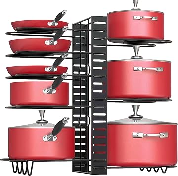 Podxco Pot and Pan Organizer for Under Cabinet ، 8 طبقات منظم مقلاة قابل للتعديل داخل الخزانة مع 3 طرق DIY ، ترقية القدرة على توازن عموم المنظم ، منظم رف المطبخ للخزانة