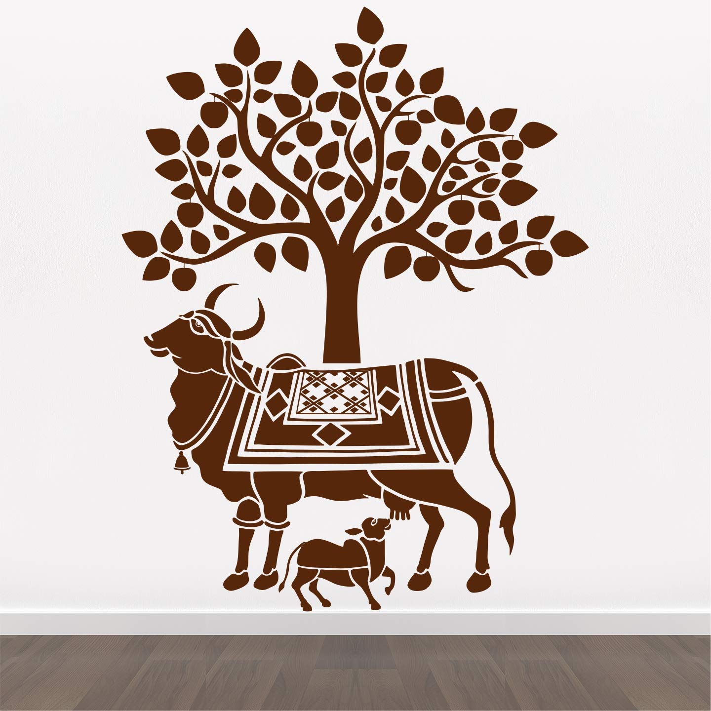 'Kamdhenu Cow and Calf - Holy Cow - Hindu Religion - Sacred - God - Creative - Colorful Wall Sticker' (Multi Colour, Vinyl - 100cm X 80 cm)