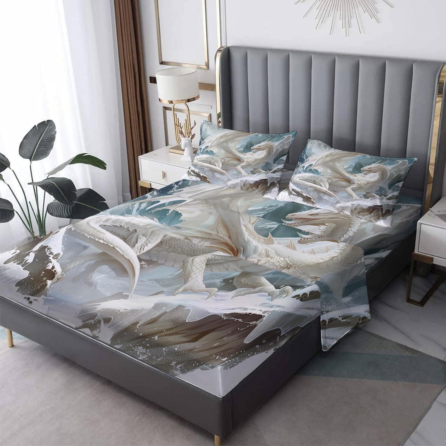 White Dragon Bed Sheets Twin Size, Fantasy Mythical Sheet Set, 16 Inch Deep Pocket Patterned Sheet & Pillowcase Sets, Super Soft Brushed Microfiber Bedding Sheets - 3 Piece