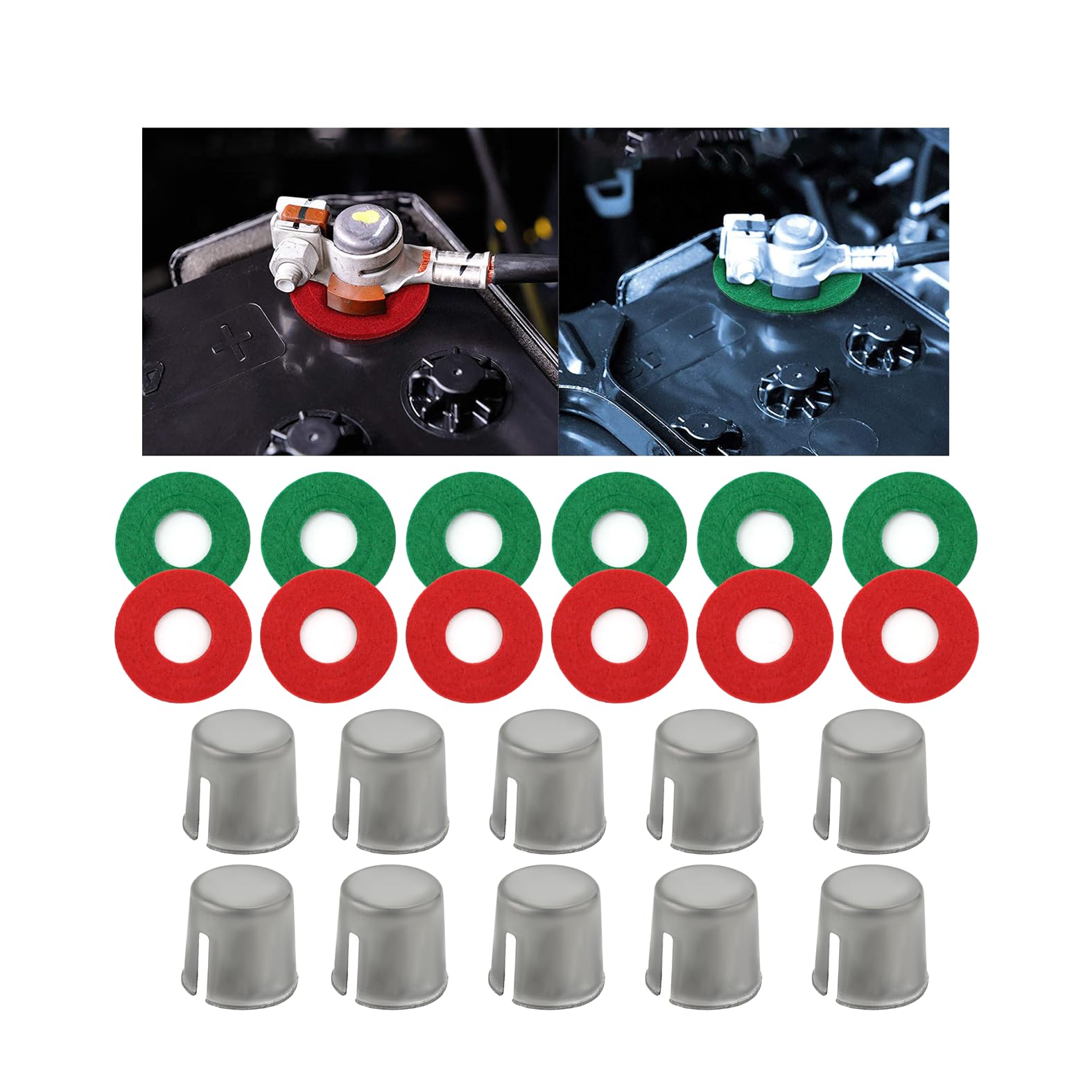 10PCS Car Battery Terminal Shims with 12 Washers, Battery Post Repair Kit, Universal Anti-Corrosion Lead Terminal Shim Caps for Loose Ends on Auto, Truck, SUV, RV, Boat (Red & Green/Shims)