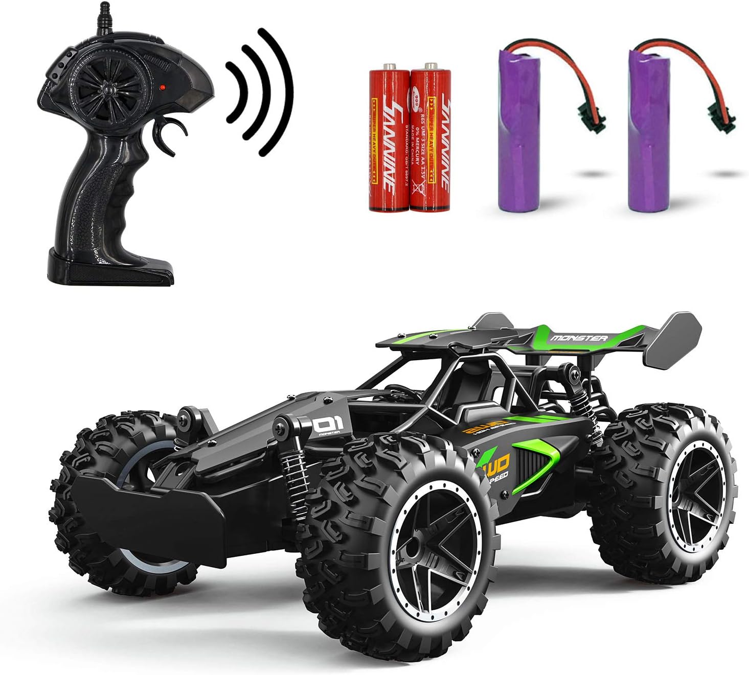 RC Cars, 2.4Ghz Monster RC Truck High Speed Racing Car, 1:18 2WD Toy Remote Control Cars for Boys and Girls with Two Rechargeable Batteries (Black Green)