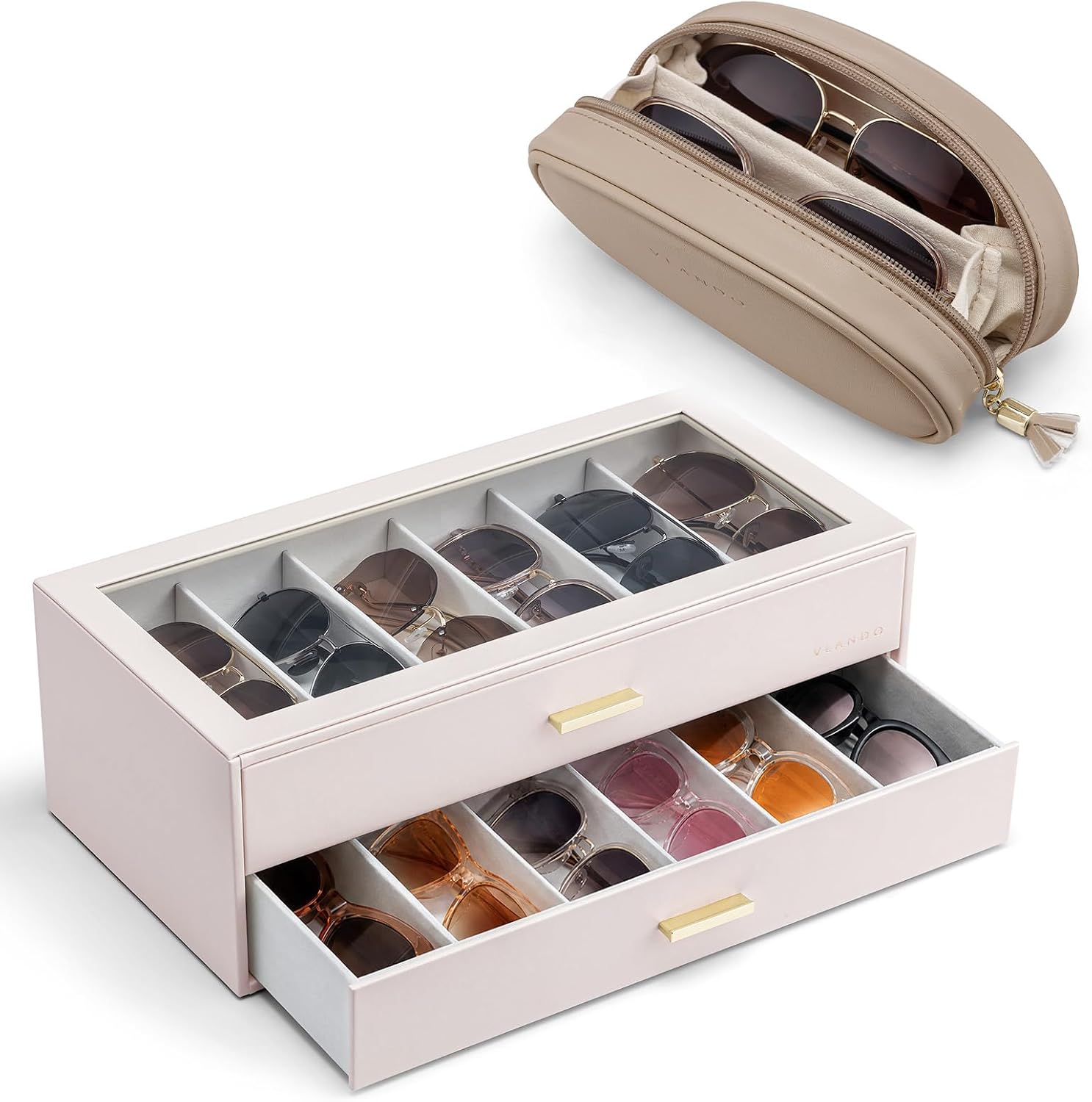 VLANDO Sunglasses Organizer Bundle, 12-Slot Box & 2-Pair Travel Pouch