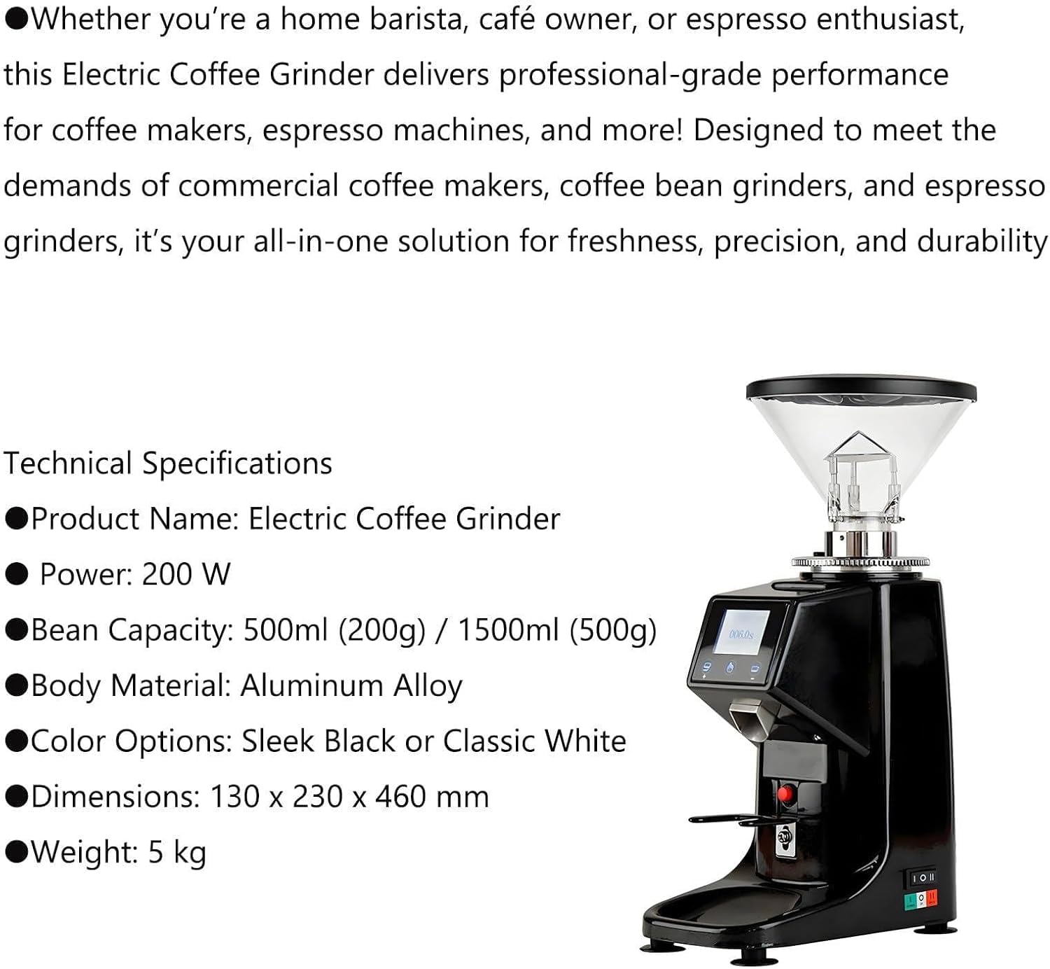 Molinillo de café eléctrico Comercial con 19 ajustes Regulables: molienda con muelas Planas, Control táctil y Pantalla Digital para Espresso y Uso doméstico. (Black)