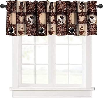 Coffee Kitchen Valance Short Curtains, Brown Coffee Theme Collage Bean Cup Cute Heart Modern Art Decor Window Treatment 54x18 Inch