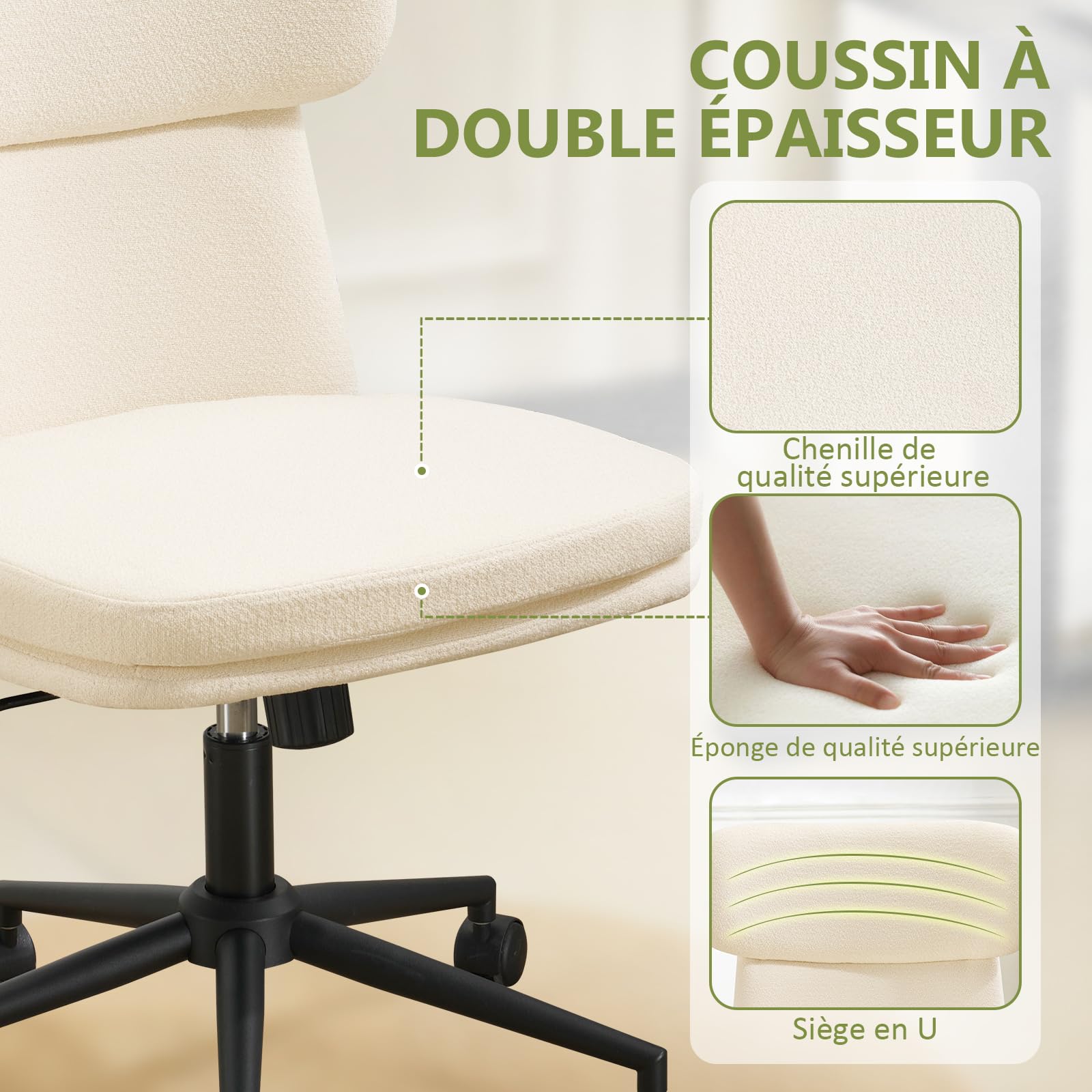 Chaise de Bureau en Chenille Fauteuil de Bureau Chaise de Coiffeuse, Fauteuil Bureau Réglable en Hauteur avec Dossier Inclinable Pivotante à 360°, Ergonomique pour la Chambre (Blanc-1)