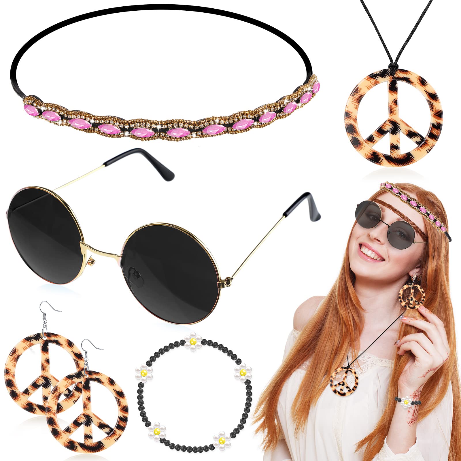 Batiyeer 6 Pcs Hippie Costume Accessories Set, Boho Peace Sign Daisy Flower 60s 70s Party Favors Decor for Groovy Party Women(Leopard)