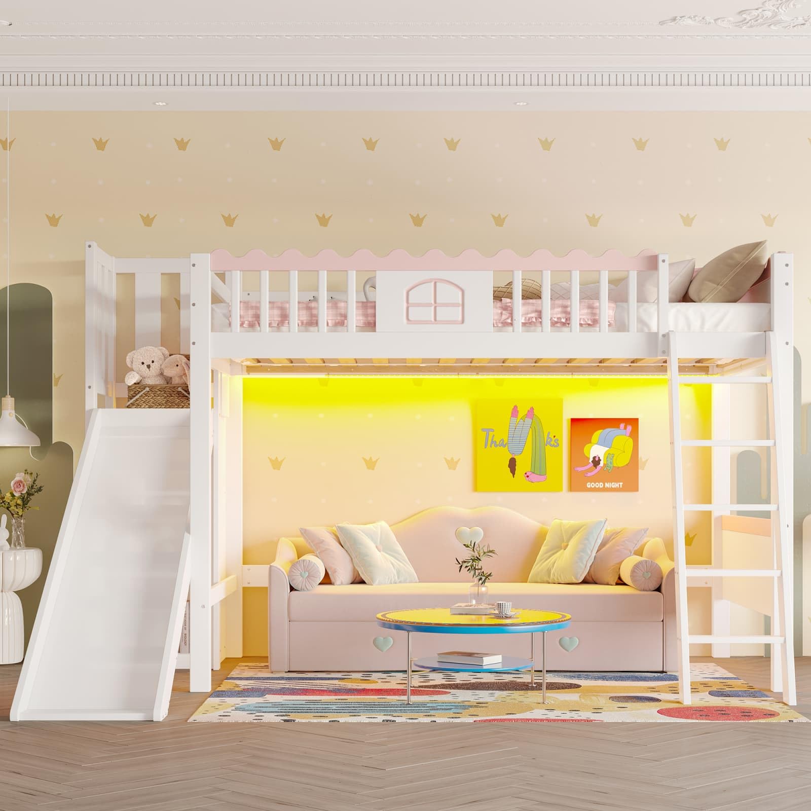 PUGSDRLY Lit Mezzanine 1 Place avec Toboggan et étagères,Lit Mezzanine Fille 90x200cm avec éclairage LED,Cadre en Bois de Pin,Enfant,Certifié EN747,Blanc (Blanc-B)