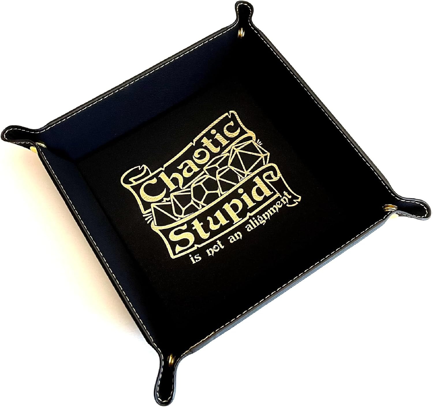 Chaotic Stupid Dice Tray DnD, Vegan Leather, Gift, Made by LaserTavern (Black/Gold)