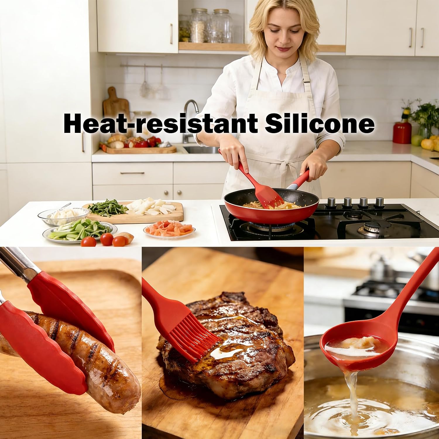 Ideal Swan Kitchen Utensil Set, 16Pcs Silicone Cooking Utensils Set with Measuring Cup Holder, Kitchen Utensils Set Cooking Tools Turner Tongs Spatula Spoon for Non-Stick Heat Resistant Cookware, Red image 4