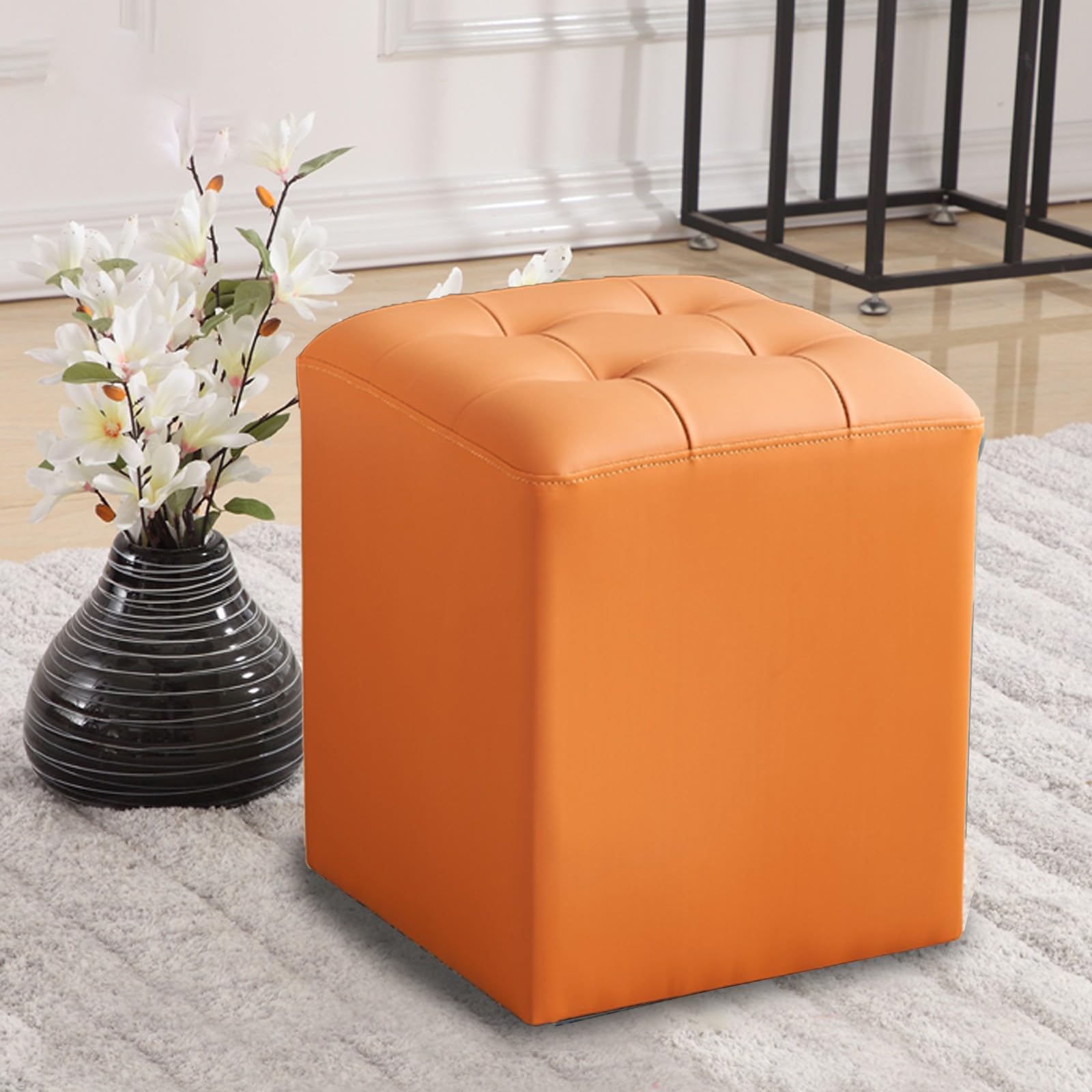 Pouf Carré Similicuir pour Salon et Bureau, Repose-Pieds Confortable