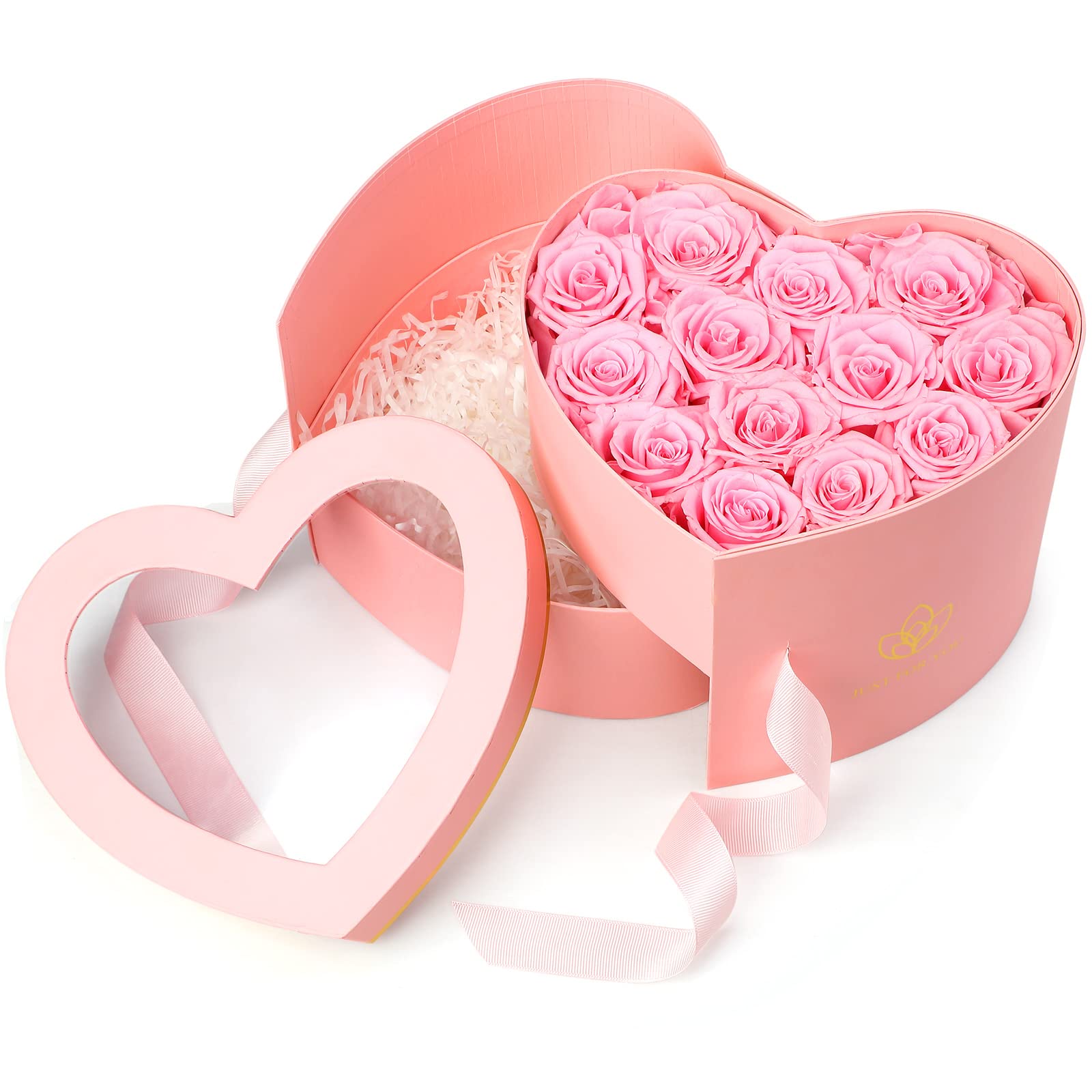 Valentine's Day Heart Shaped Gift Boxes Double Layer Flower Boxes with Window Lids and Ribbons Eternal Flowers Preserved Rose for Wife, Mothers Day, Valentine's Day Gift for Her(Pink)