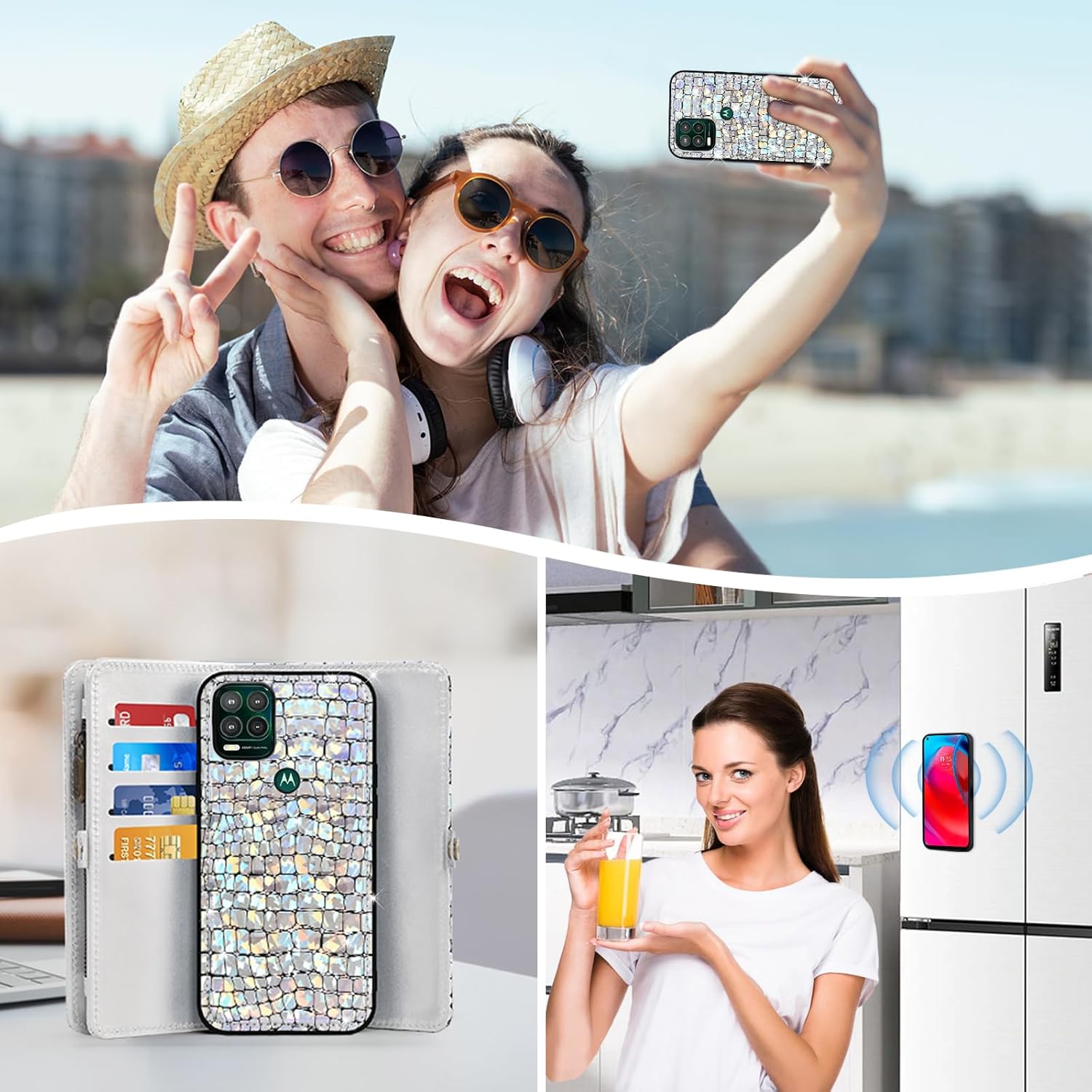 Asuwish Phone Case for Moto G Stylus 5G 2021 Zipper Wallet Detachable with Screen Protector Cover and Card Holder Slot Wrist Strap Flip Folio Cell Purse Motorola GStylus G5 XT2131DL Women Men Silver