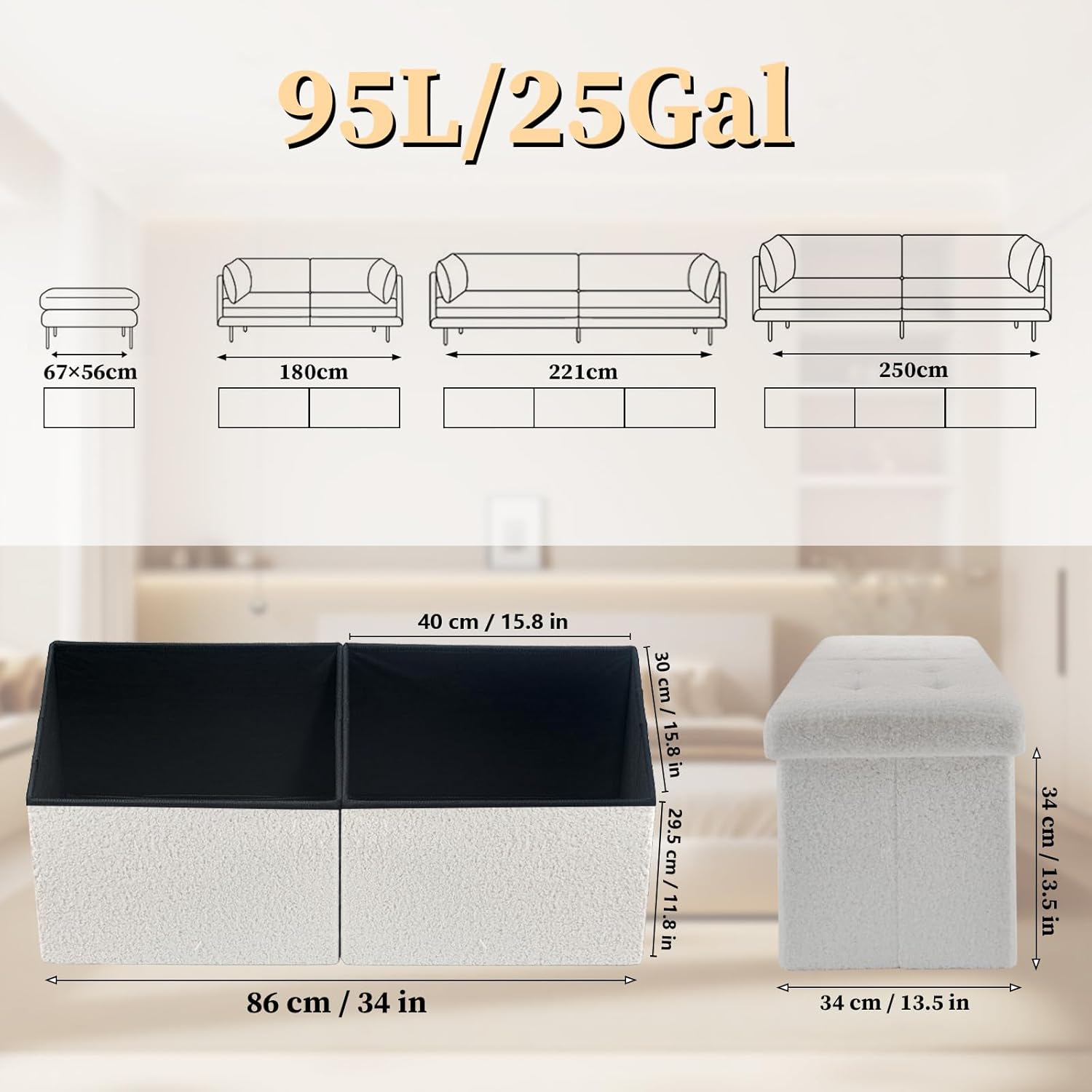 Storage Ottoman Bench with Folding Lid Ⅲ, Foot Stools Opens on Both Ends, Footrest Foldable Teddy Velvet Chest for Living Room, Bedroom, Entryway, End of Bed Storage Blanket Ottomans White