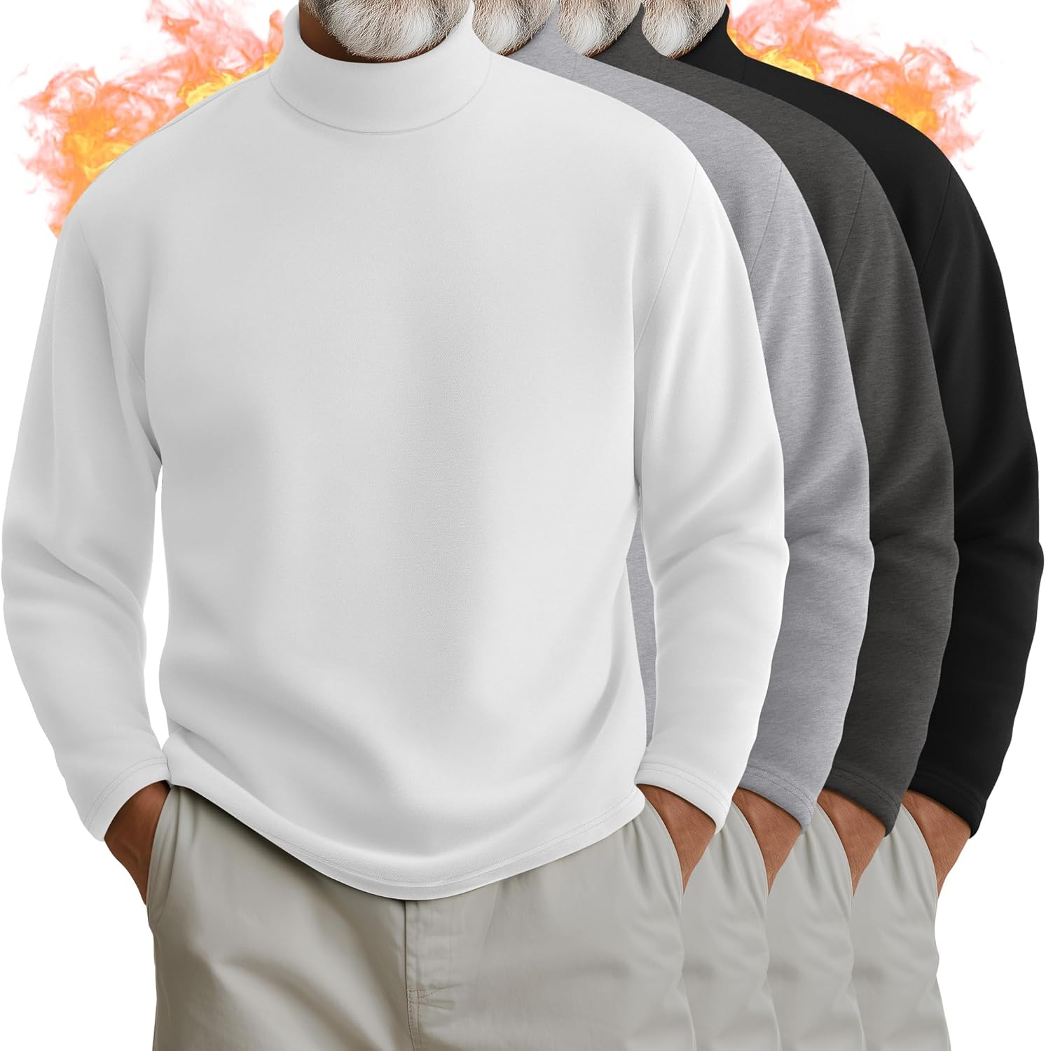 4 Pack Men's Turtleneck Shirts, Long Sleeve Thermal Sweaters Solid Casual Pullover Tops Basic Undershirts