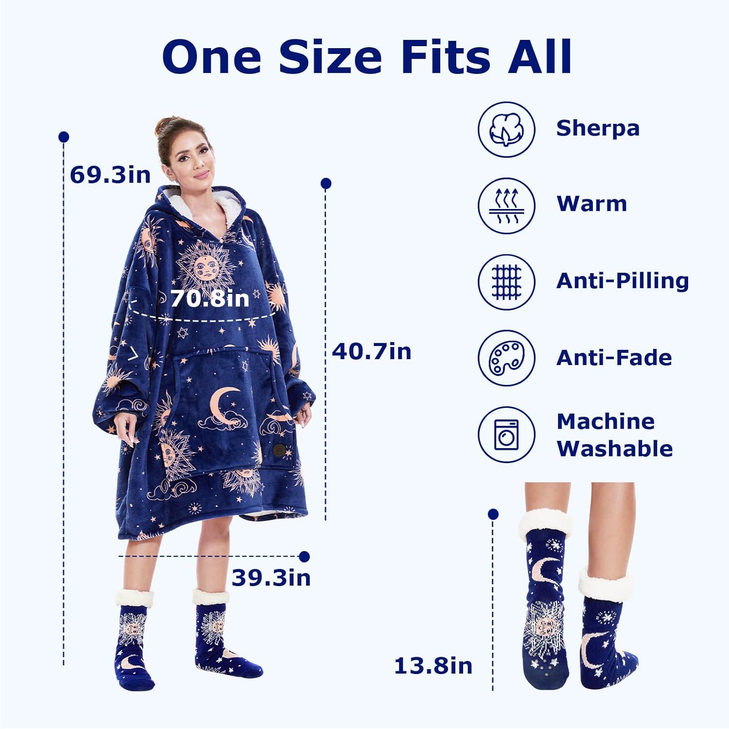 THREE POODLE Wearable Blanket Hoodie with Slipper Socks Set, Oversized Sherpa Blanket Sweatshirt Hoodie for Women Men Kids, Christmas Gifts - Image 2