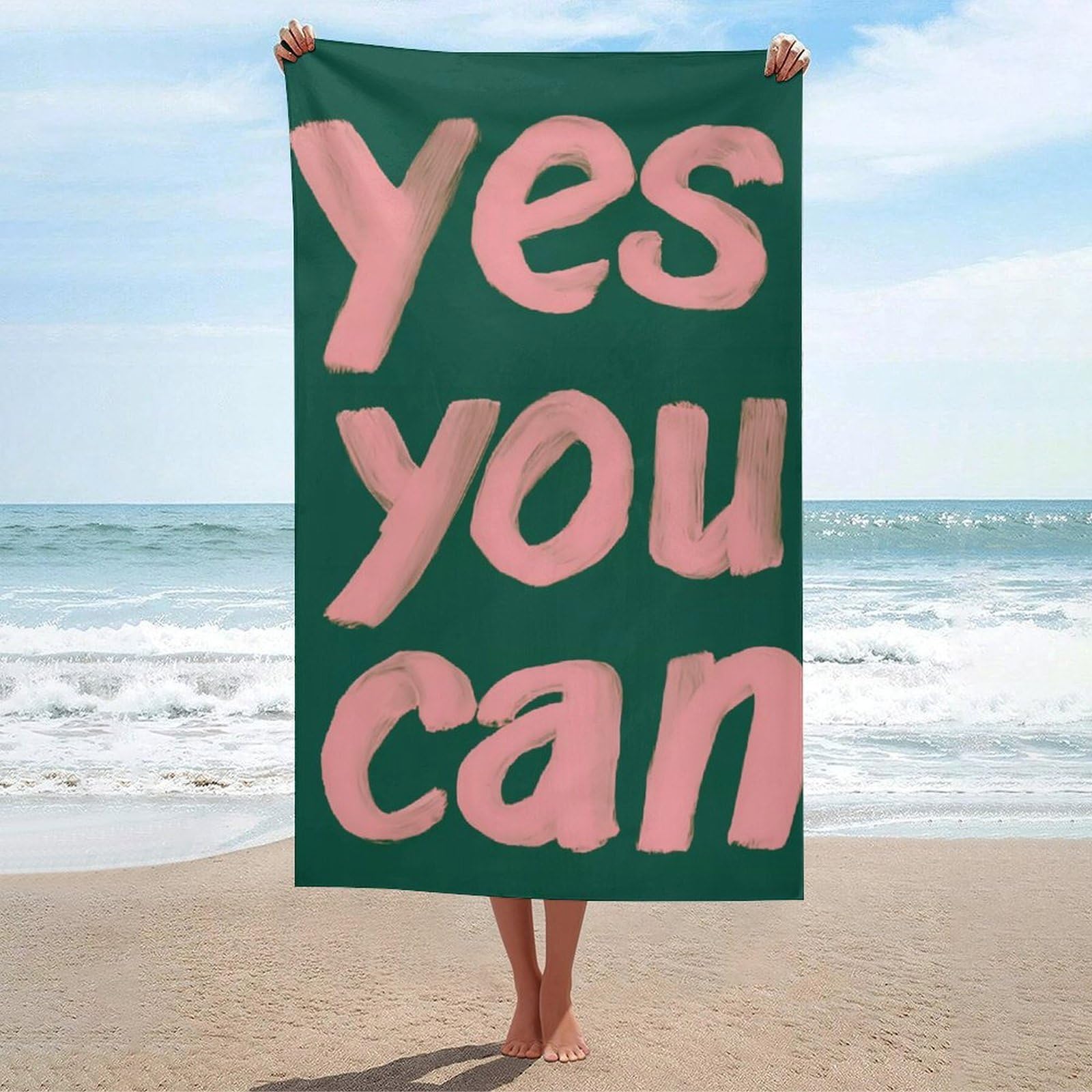 asbwuo Pink Words Yes You Can on Green Beach Towel