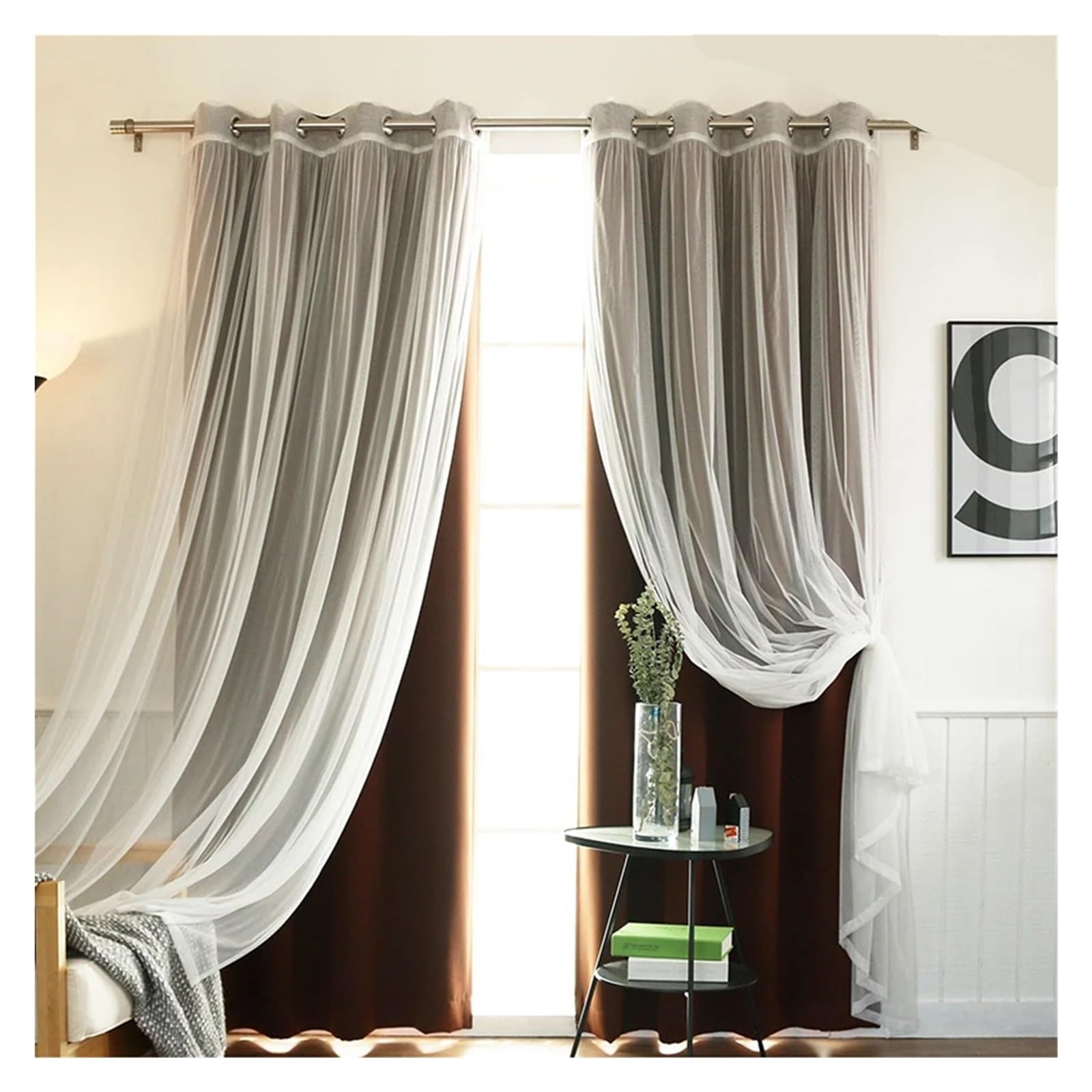 DHYUACN Living Room Curtains Double Layered Solid Blackout and Sheer Window Curtain for Living Room Bedroom(Color 7,Rod,W350cmxL250cm)