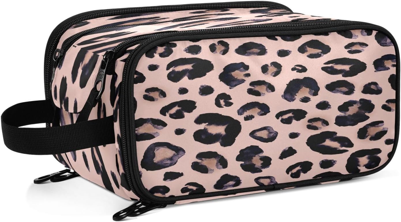 senya Pink Black Leopard Toiletry Bag Cosmetic Makeup Bag Organizer, Large Travel Bag for Women Men Toiletries Accessories Brushes Tools