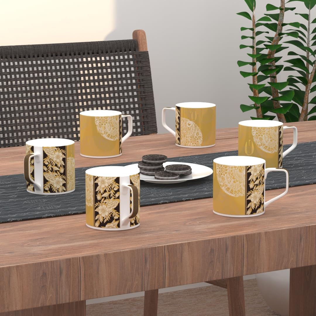 Anwaliya Regio Series Bone China Tea Cups, 210 ML, Eirene, Set of 6 Durable and Lead Free for Home and Office, Cute Metallic Cups for Tea, Coffee & Green Tea