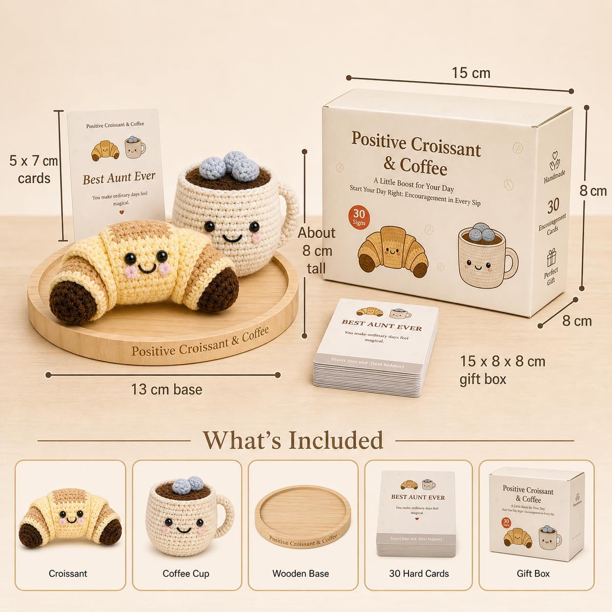 Best Aunt Ever Crochet Croissant & Coffee Set, Cute Desk Decor with 30 Encouragement Cards, Birthday Gift from Niece Nephew for Coffee Lover