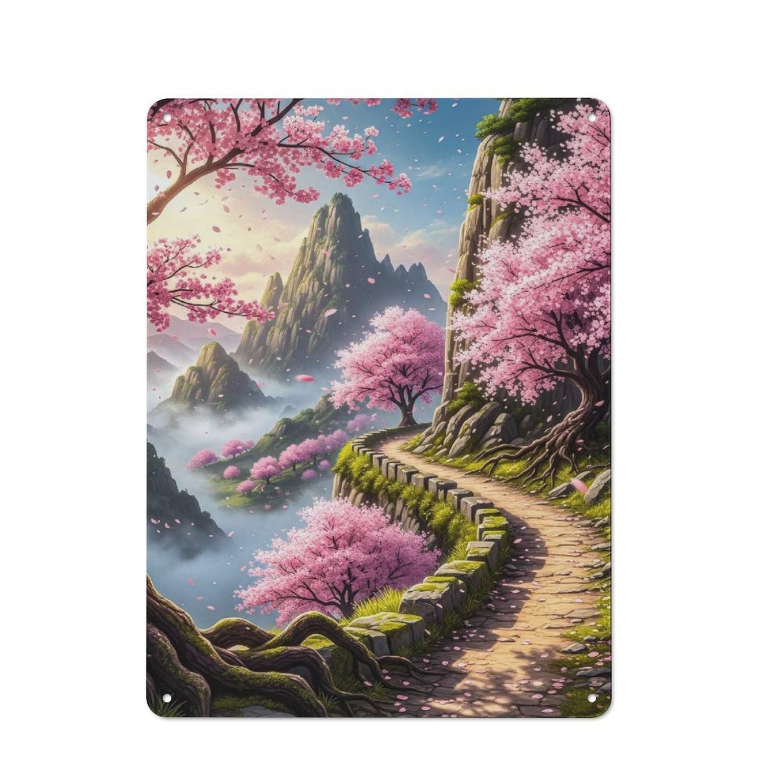 Junmoney Style-1 Serene Mountain Path With Cherry Blossoms Rustic Printed Metal Sign 40X30cm For Garage Or Workshop, For Garage, Workshop And Man Cave Decoration