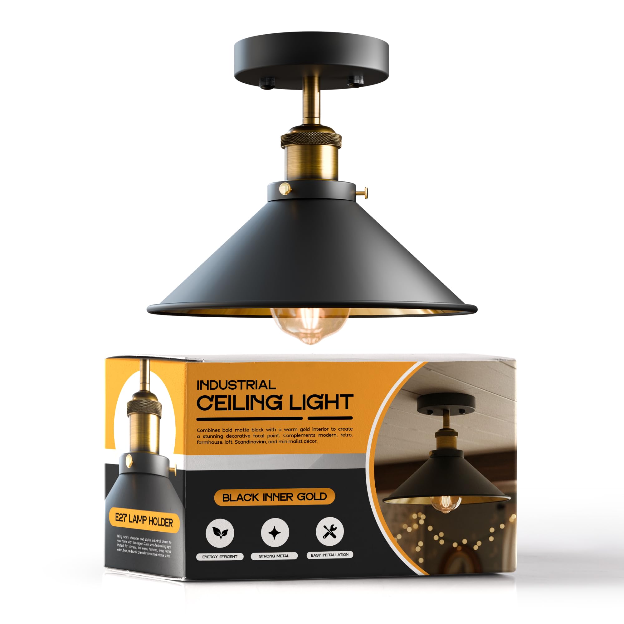 Industrial Semi Flush Ceiling Light 22cm Conical Black With Gold Shade E27 Vintage Metal Lamp Fitting Retro Ceiling Lighting for Kitchen Bedroom Hallway Easy Fit Anti Rust and Durable (Black 1 Pack)