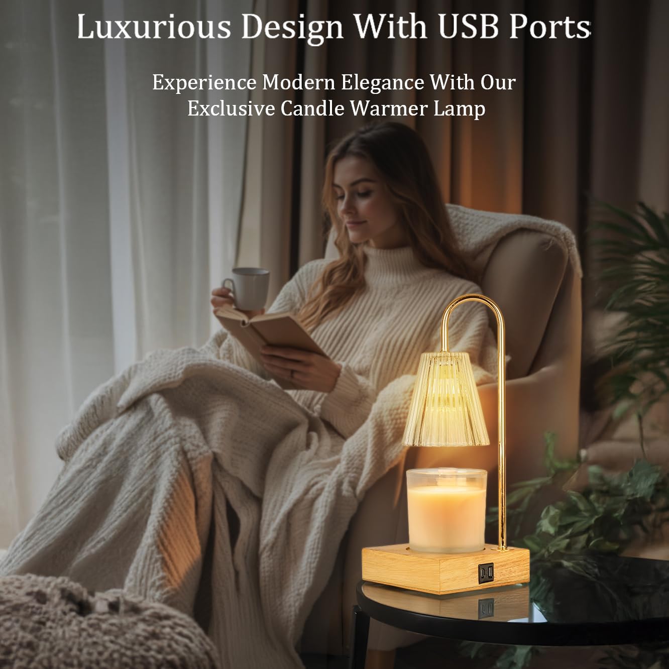 Candle Warmer Lamp with 24H Timer, Dimmable, Electric Wax Warmer with 2 Bulbs, Dual Charging Port, Home Decor for Jar Candles, House Warming, Gifts, Home Decor (Vintage Glass)
