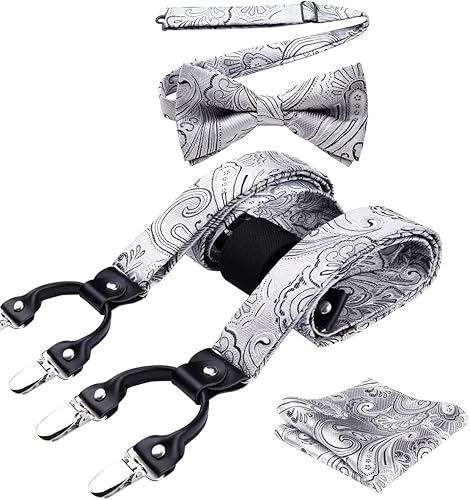 HISDERN Tirantes para hombre Paisley Floral Pajarita Tirantes Bolsillo Cuadrado Conjuntos Ajustable Forma Y 6 Clips Tirantes de Boda