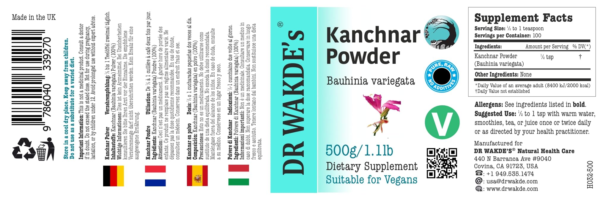 DR WAKDE'S® Kanchnar Pulver (Bauhinia variegata/Mountain ebony) - 500g (1.1lb) I 100% Kräuter I Ayurvedische Nahrungsergänzung