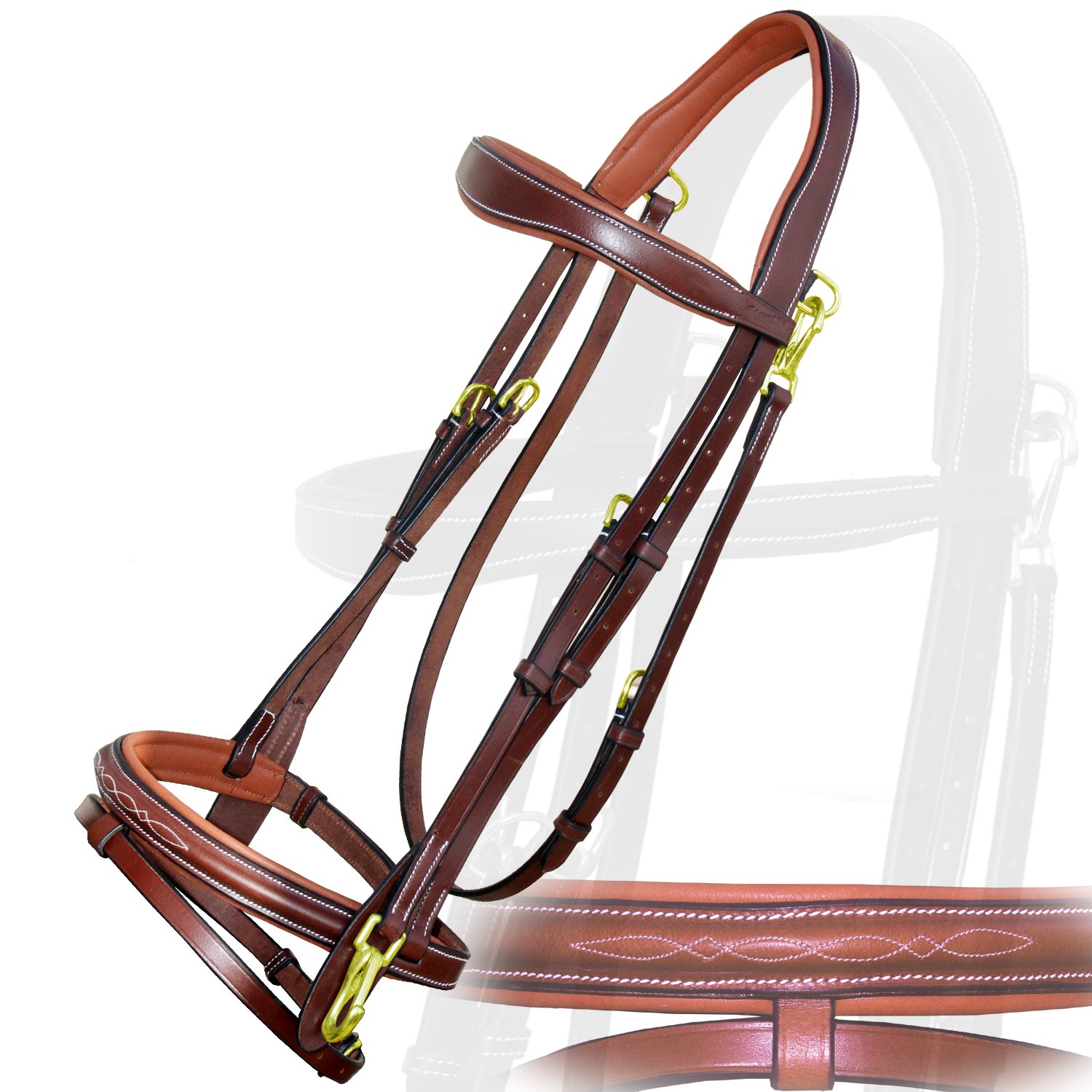 Soft Lined Crown Piece, Browband Snaffle Nose Band English Jumping Snap Bridle for Horses with Rubber Rein in Brass Buckles