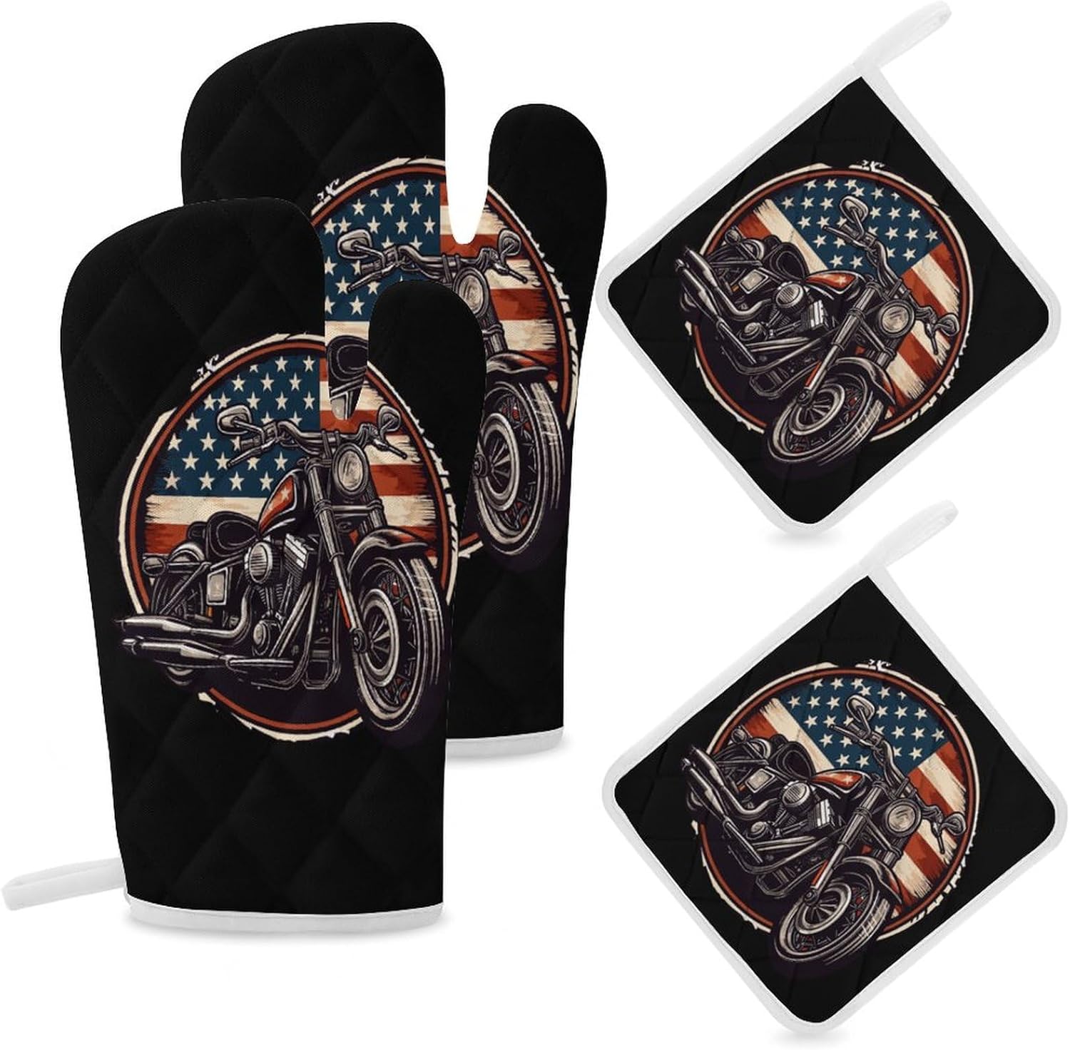 American Flag with Motorcycle 4 Pcs Oven Mitts and Pot Holders Set High Heat Resistant Long Kitchen Oven Glove Potholders