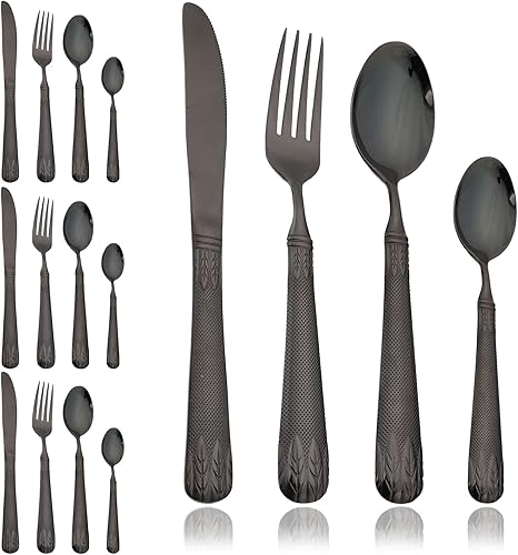 Miniatura 1 de JASHII Juego de cubiertos negros de acero inoxidable 304 para 4, con orejas de trigo con mango plano en relieve vintage, pulido de espejo, apto para