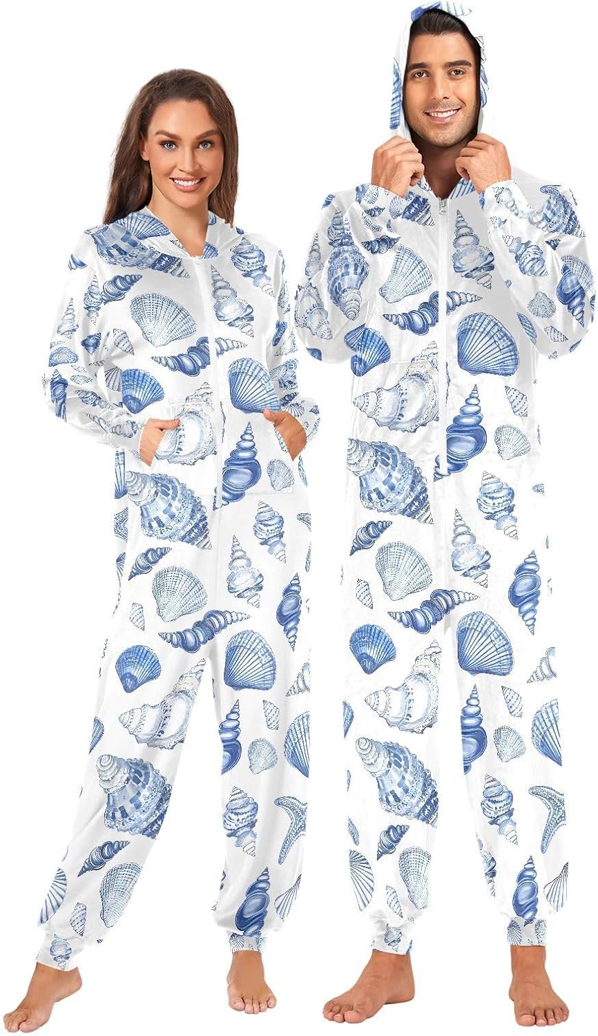Blue Seashells Ocean Nautical Coastal Adult Onesie Pajamas Novelty One Piece Costume Sleepwear Jumpsuits Matching PJS